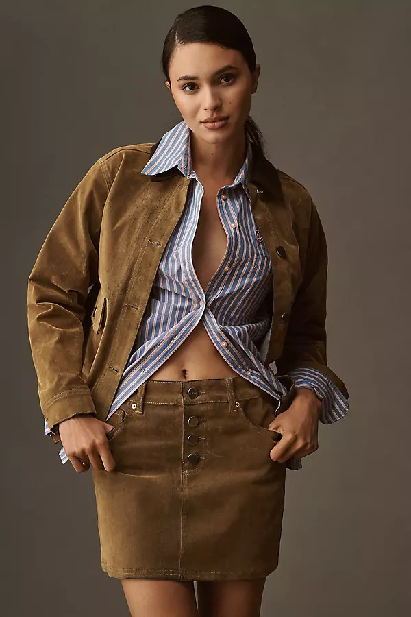 Corrie Flock Denim Mini Skirt | Anthropologie (US)