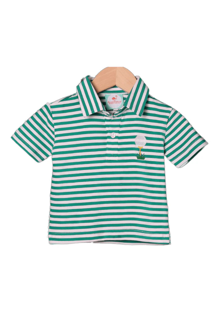 Embroidered Golf Green Stripe Polo Shirt | The Smocked Flamingo