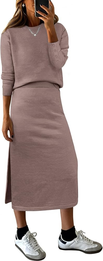 ANRABESS 2 Piece Skirts Sets For Women Fall Fashion 2025 Striped Sweater Midi Dress Knit Lounge T... | Amazon (US)