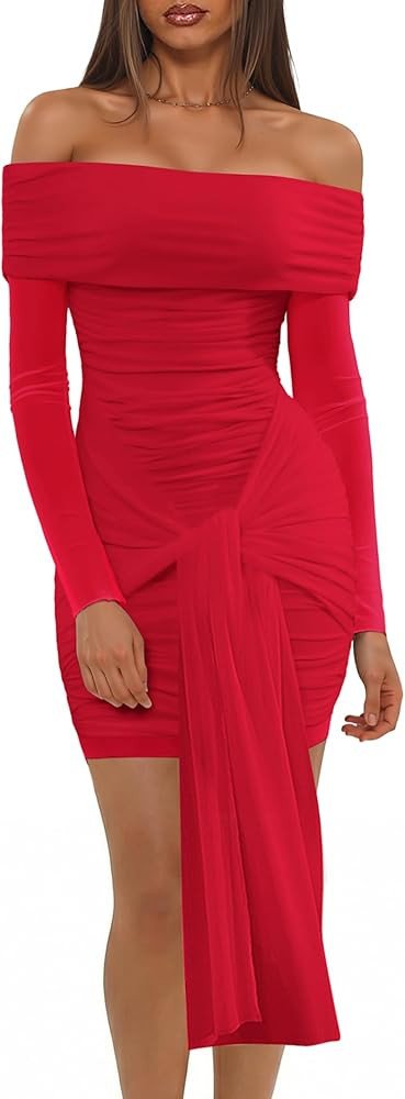 Ophestin Off The Shoulder Mesh Dress Long Sleeve Ruched Bodycon Dress for Women Tie Waist Dresses | Amazon (US)