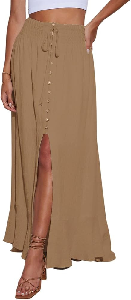 Minclouse Women's Elastic Tie Waist Button Down Maxi Skirts Casual Loose Flowy Swing Slit Front D... | Amazon (US)