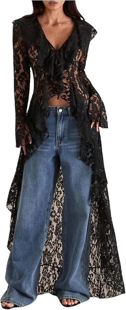 MakeMeChic Women's Floral Lace Tops Tie V Neck Blouse Long Sleeve Ruffle High Low Elegant Shirt | Amazon (US)