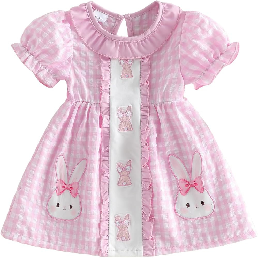 Toddler Baby Girls Easter Dress Bunny Embroidery Short Sleeve Smocked Dresses Easter Outfit A-Lin... | Amazon (US)