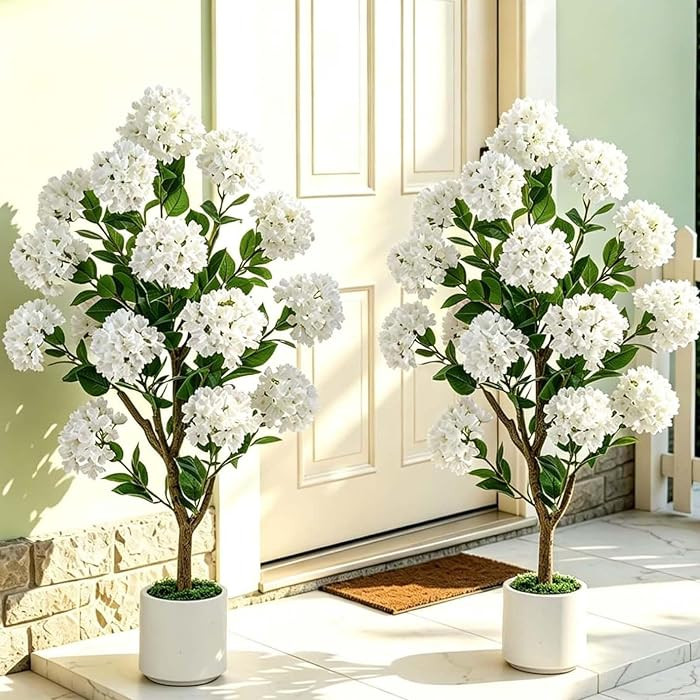 Artificial Flower Tree for Porch: 3.6ft Fake Crape Myrtle Trees Set of 2 for Outdoor Front Door Indoor Decor - White Realistic Silk Plant with Pot for Home Living Room Patio Decorations | Amazon (US)
