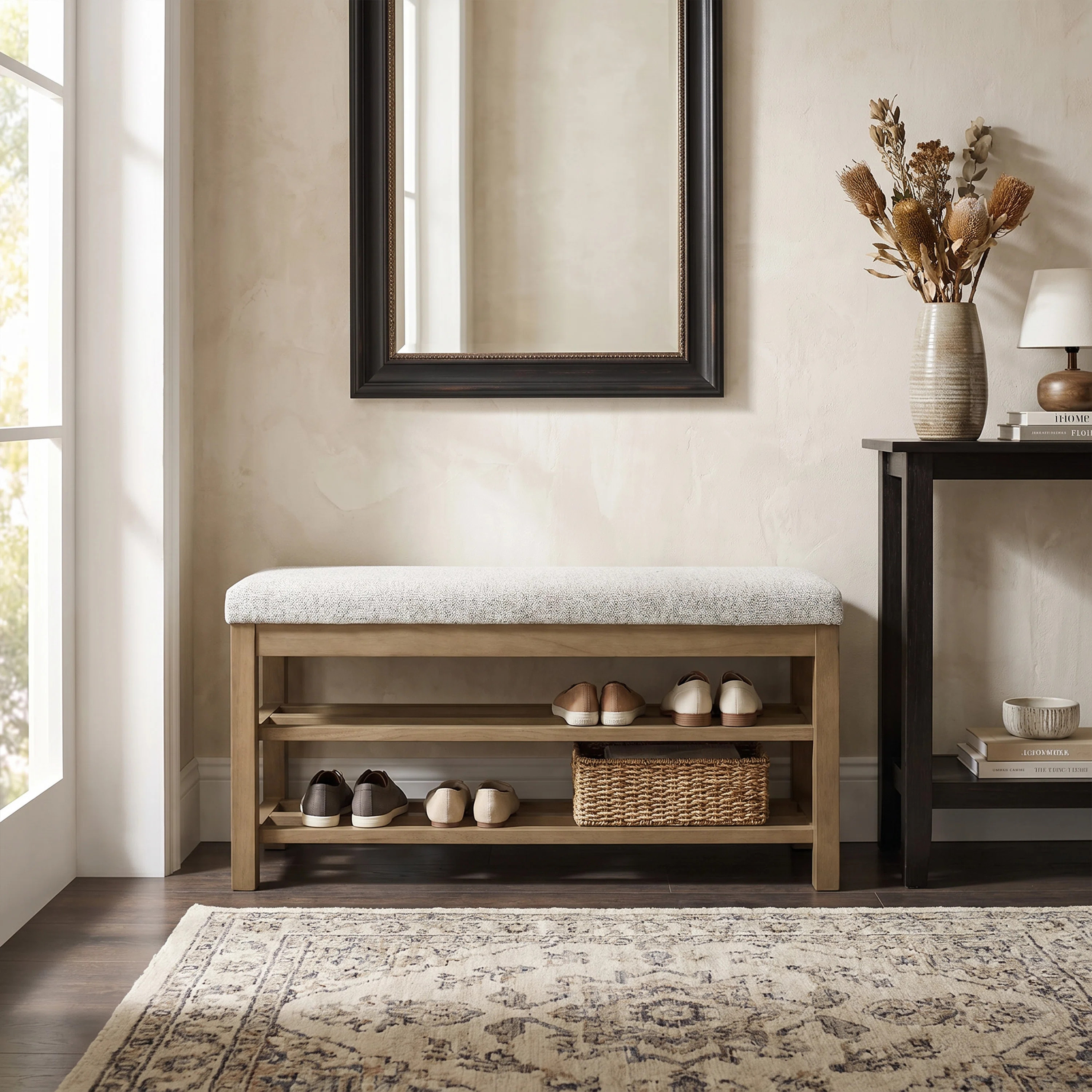 Upholstered Storage Bench with Double-Tier Shoe Rack | Wayfair North America
