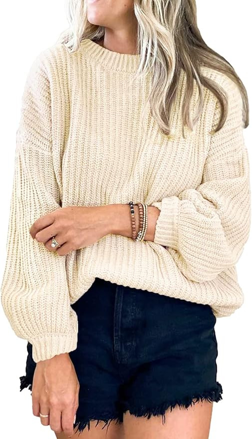 PRETTYGARDEN Women's Crew Neck Loose Drop Shoulder Lantern Sleeve Casual Solid Color Knit Pullove... | Amazon (US)