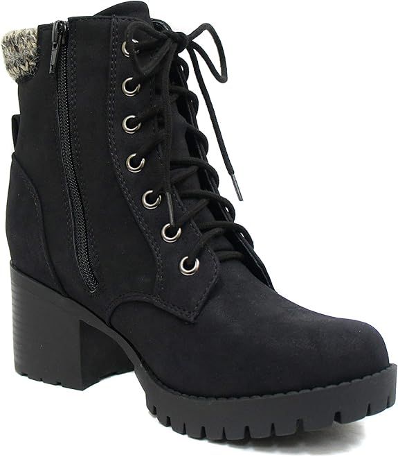 Soda Single Lug Sole Chunky Heel Combat Ankle Boot Lace up w/Side Zipper | Amazon (US)