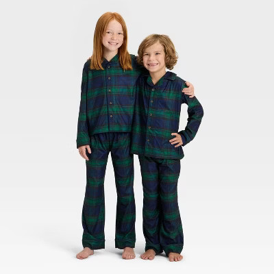 Kids' Plaid Long Sleeve Shirt and Pants Holiday Matching Family Pajama Set - Wondershop™ Navy B... | Target