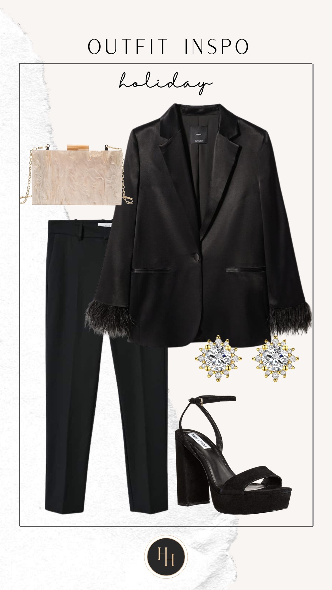 OUTFIT INSPO 
holiday! 

Holiday style, style tip, glam, tuxedo, blazer, feathers, trouser, clutch, gold, heels, platform, earrings

#LTKHoliday #LTKSeasonal #LTKstyletip