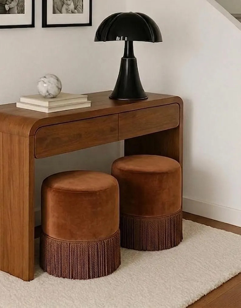 Caramel Brown Custom Velvet Ottoman Cover with Long Tassel Fringe, Round Cylinder Stool Slipcover... | Etsy (Global)