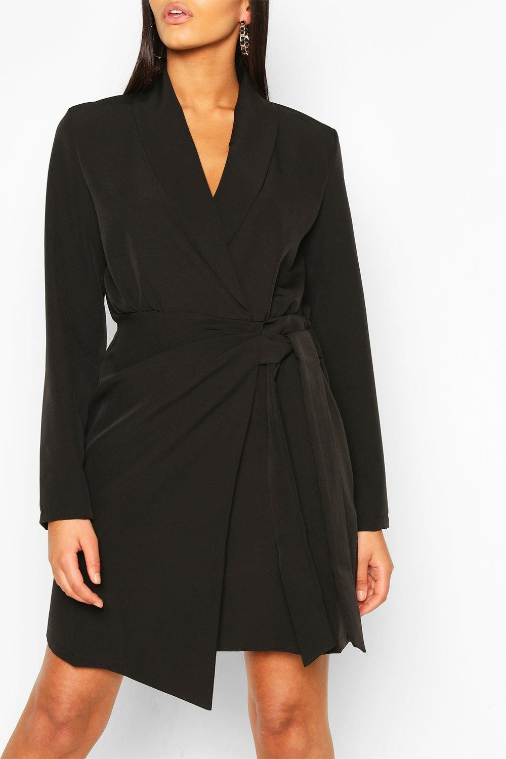 Womens Tall Woven Ruched Side Tie Blazer Dress - Black - 10 | Boohoo.com (US & CA)