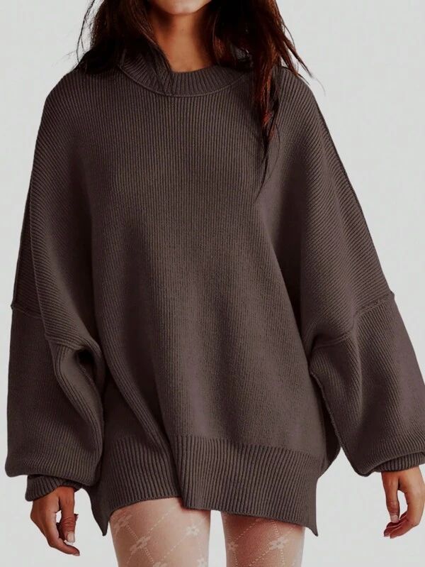 Solid Drop Shoulder Split Hem Sweater | SHEIN