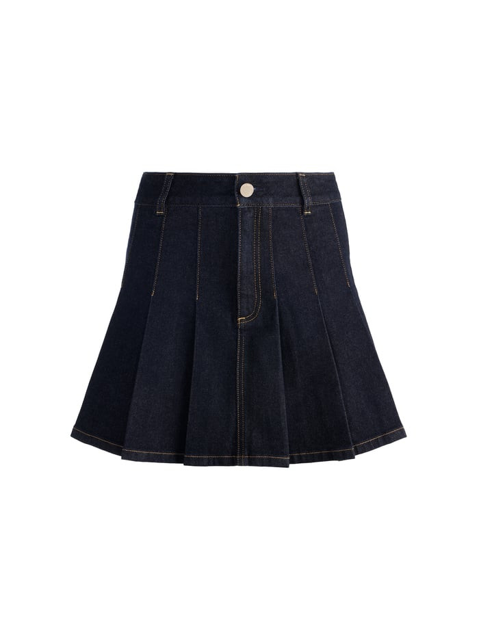 SUZIE DENIM PLEATED MINI SKIRT | Alice + Olivia