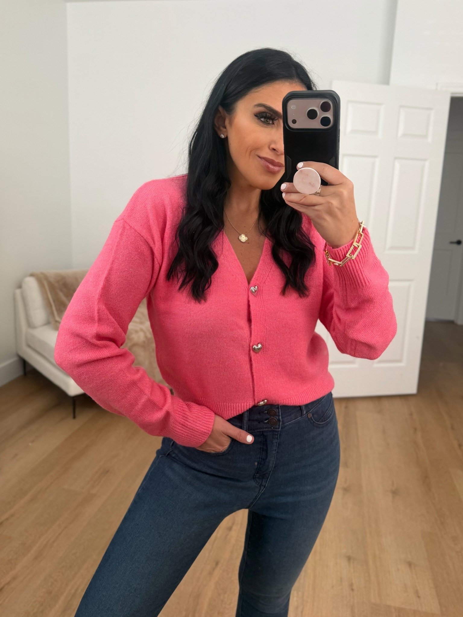 V-Neck Heart Button Cardigan wearing size small. 