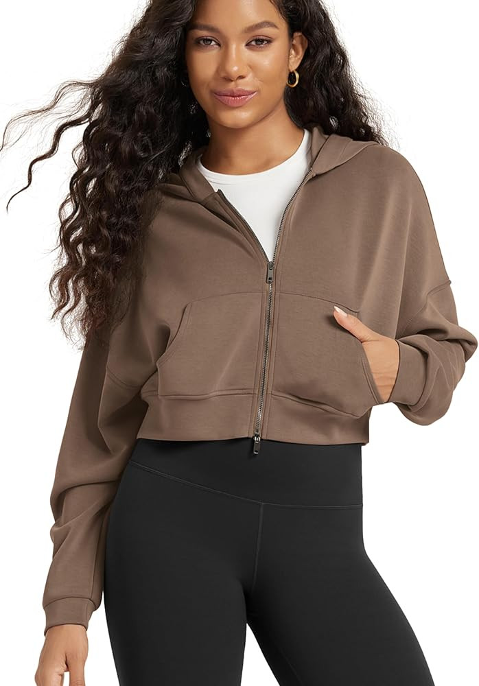 ODODOS Women's Modal Soft Full-Zip Cropped Hoodies with Pockets Long Sleeve Crop Casual Sweatshir... | Amazon (US)