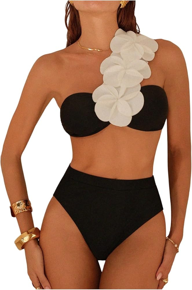 SHENHE Women's One Shoulder Bikini Set High Waisted 3D Flower Bandeau Swimsuits 2 Piece Swimwear | Amazon (US)