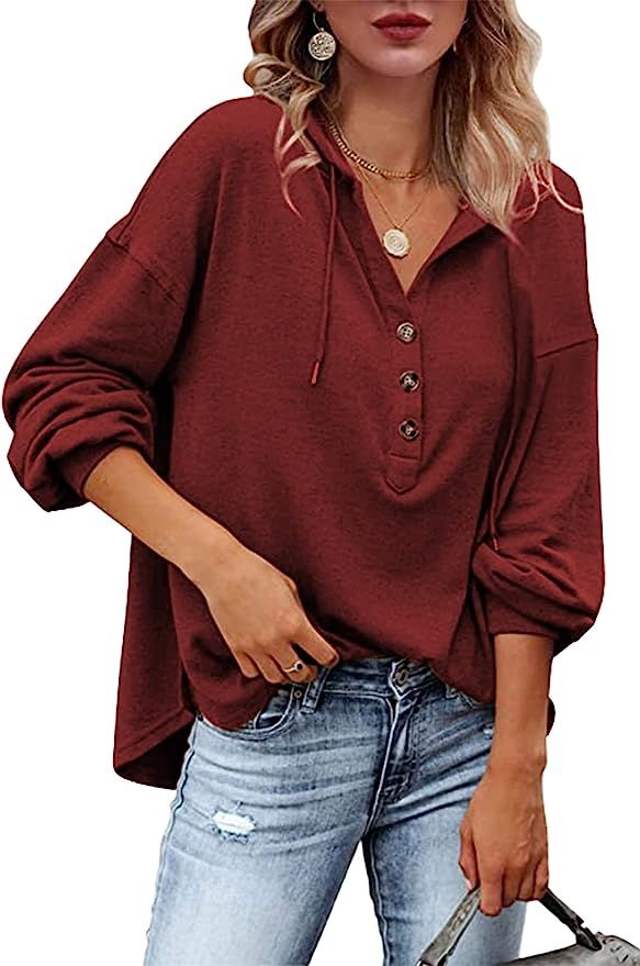 THEREROSE Womens Tops Long Sleeve Shirts V Neck Oversized Tops Henley Shirts Button Down Sweatshi... | Amazon (US)