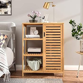 VIAGDO Bamboo Storage Cabinet, Bathroom Floor Cabinet, Cupboard with Louvered Doors, 3 Open Shelv... | Amazon (US)