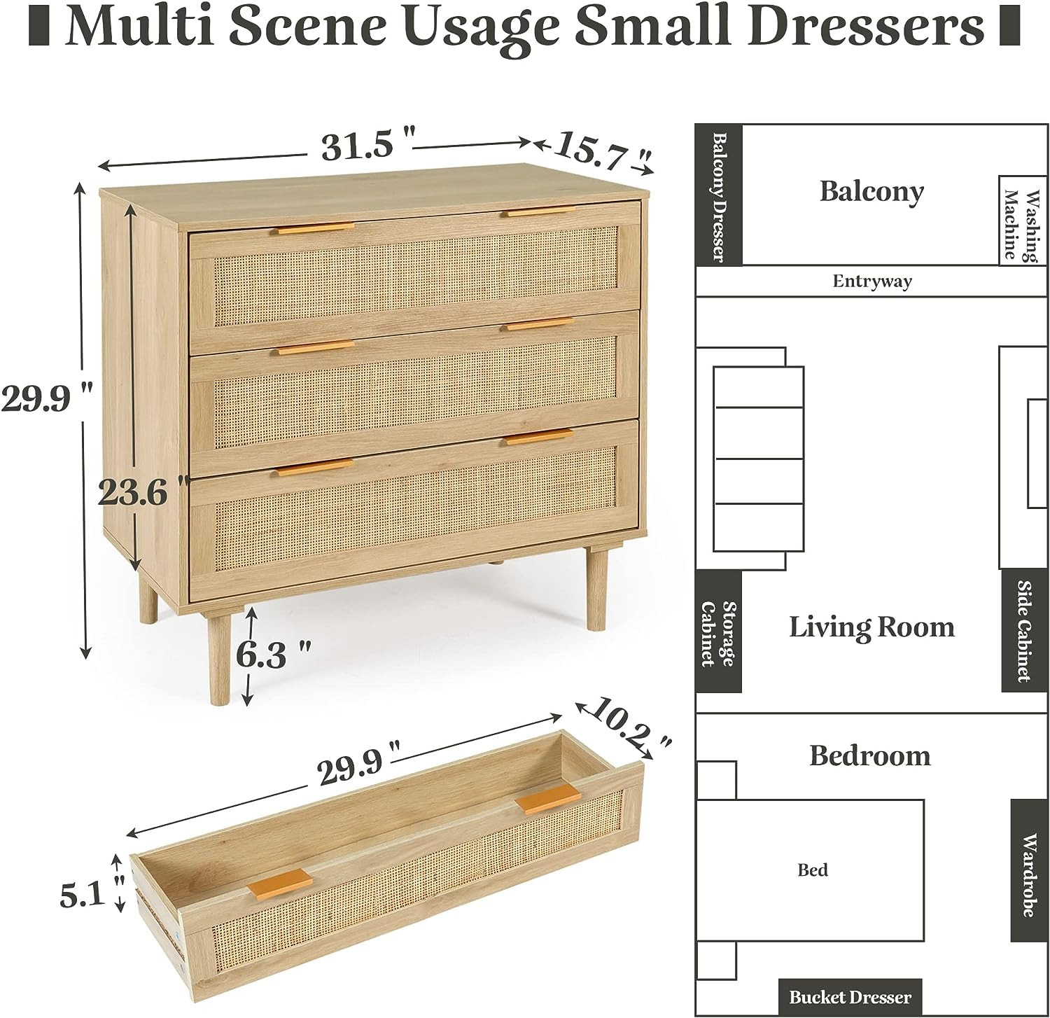 HOPUBUY Large Nightstand with Rattan Drawer, Modern 3 Drawer Night Stand for Bedroom, Wooden Beds... | Amazon (US)