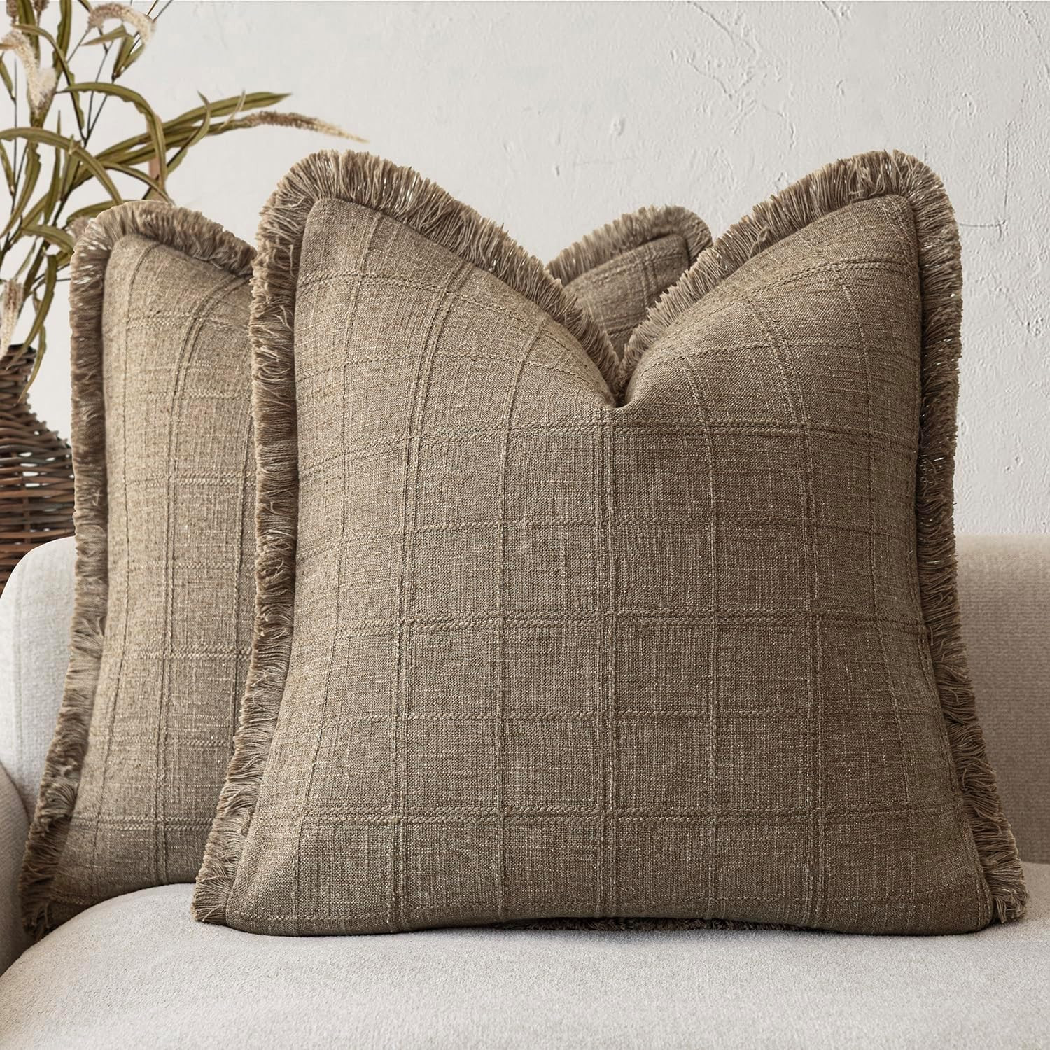 Foindtower Set of 2 Decorative Linen Check Fringe Throw Pillow Covers Farmhouse Vintage Cushion C... | Amazon (US)