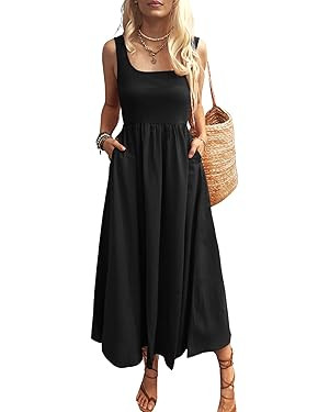 Women's Maxi Dress Summer Sleeveless Swing Sundress Casual Loose Tank Long Dresses with Pockets | Amazon (US)