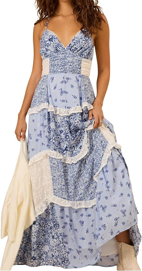 ebossy Womens Lace Patchwork Floral Maxi Dress Spaghetti Strap Sexy Backless Ruffle Tiered Boho B... | Amazon (US)