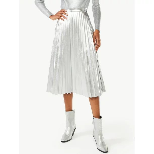 Scoop Women's Metallic Faux Leather Pleated Skirt | Walmart (US)