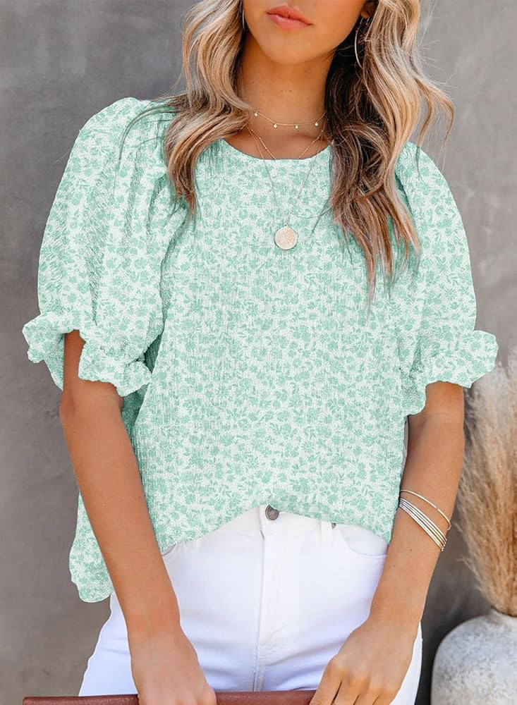 Dokotoo Floral Print Blouses for Women Crewneck Smocked Puff Sleeve Shirts Casual Babydoll Tops | Amazon (US)