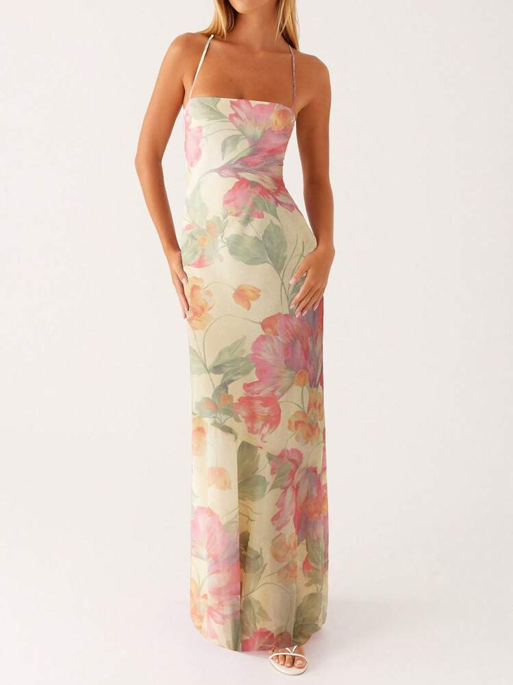 Women Spaghetti Strap Floral Print Maxi Dress Sleeveless Backless Cami Long Dress Summer Cross Ti... | SHEIN