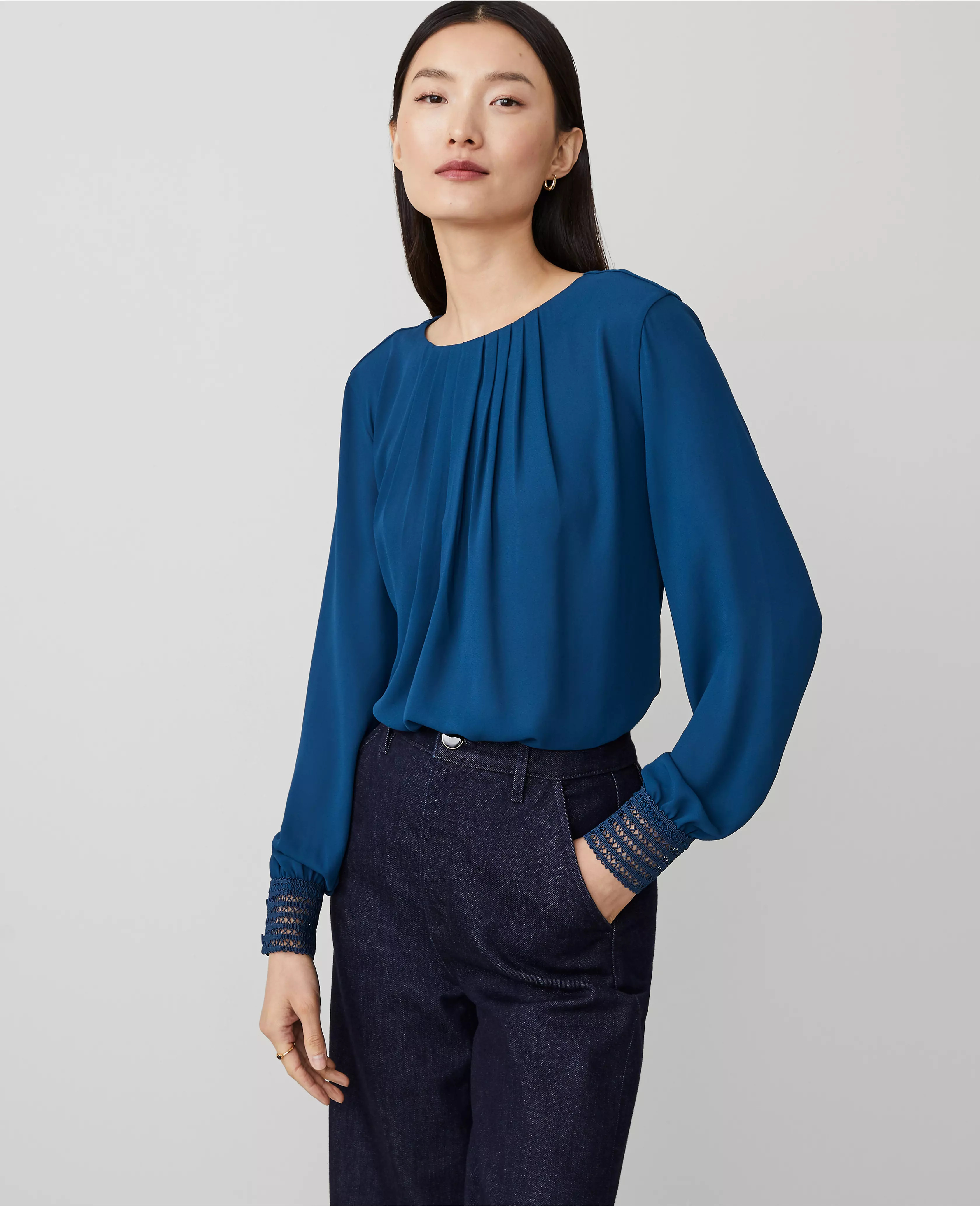 Pleat Neck Lace Cuff Top | Ann Taylor (US)