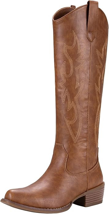 Jeossy Women's Cowboy Boots Embroided Western Cowgirl Boots Round Toe Knee High Pull on Wide Calf... | Amazon (US)