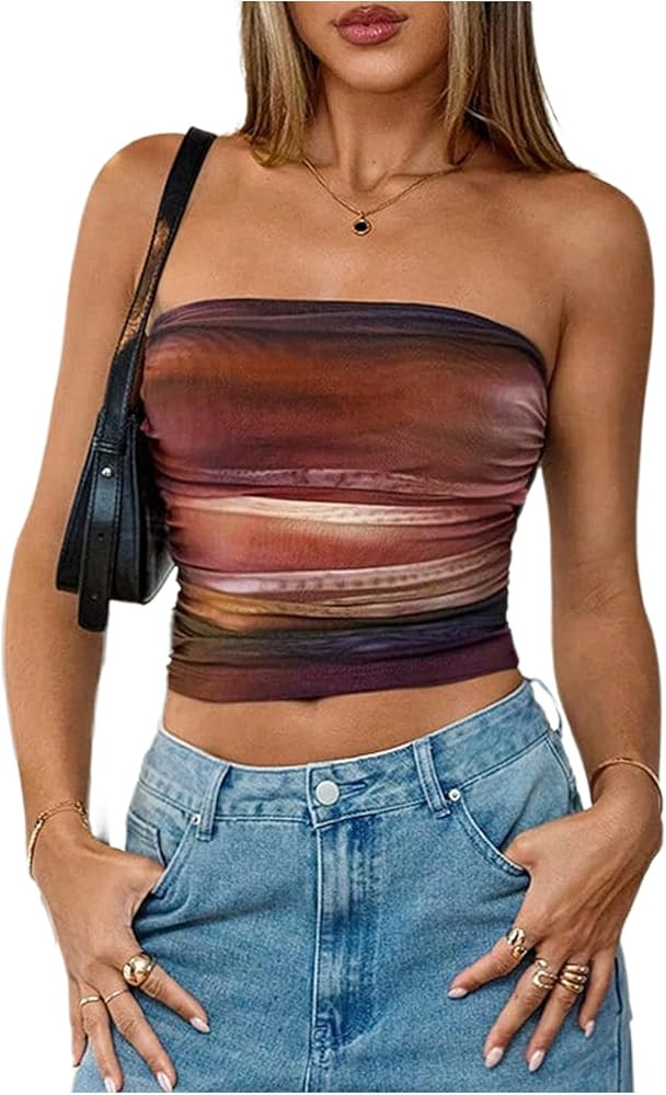 Women's Tie Dye Ruched Strapless Tube Top Sleeveless Fitted Elegant Crop Tops Going Out Bandeau | Amazon (US)
