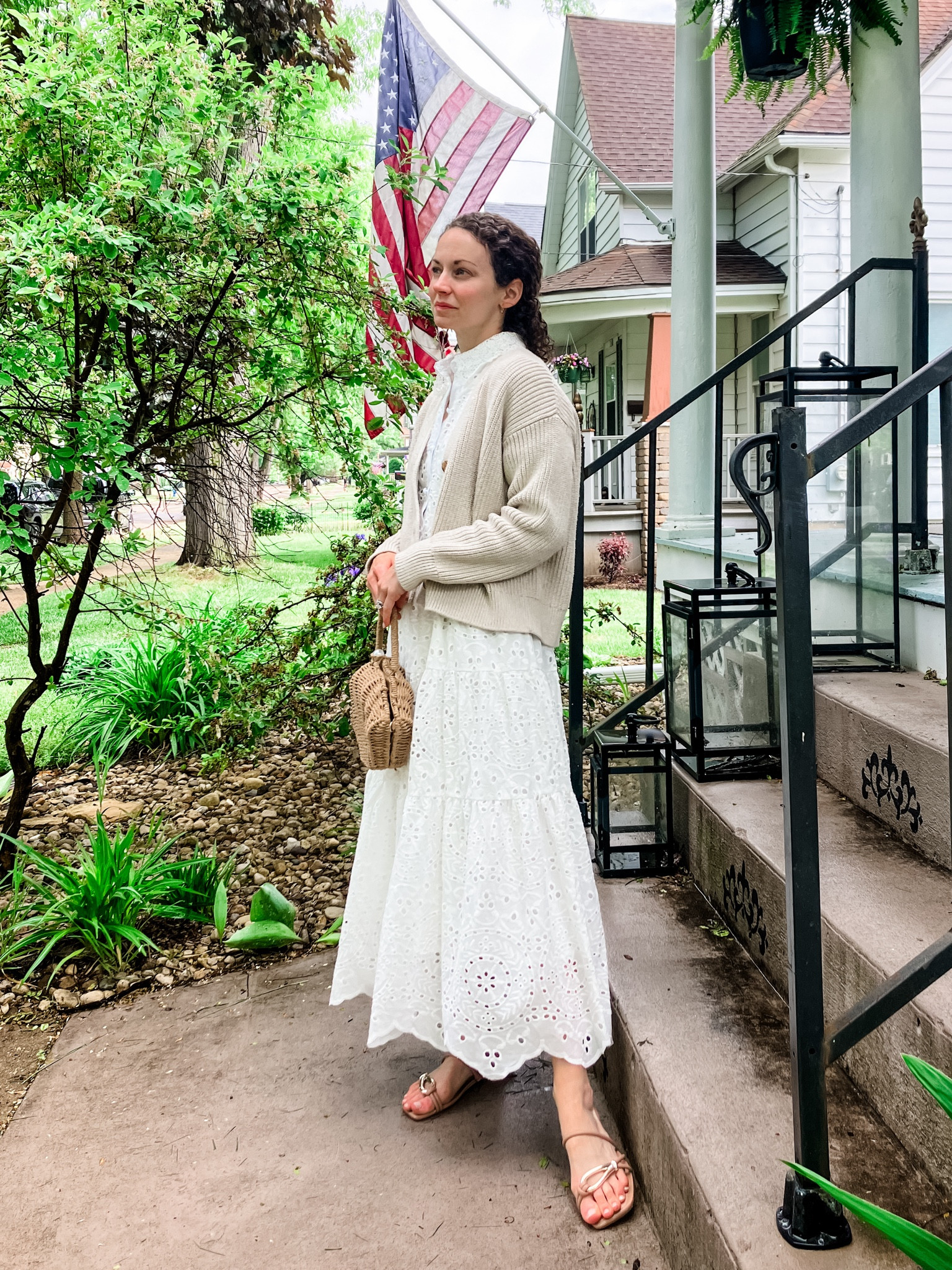  White summer dress and cotton sweater for summer!
Oatmeal cotton sweater from Quince. 
White lace cotton dress from Chicwish. 
Wicker seashell bag from Chicwish. 
Sandals are old from Marc Fisher, linking similar. 
Summer outfit. White summer dress. Classic outfit. Modest outfit. Neutral outfit  

#LTKgrwm #LTKOver40 #LTKootd