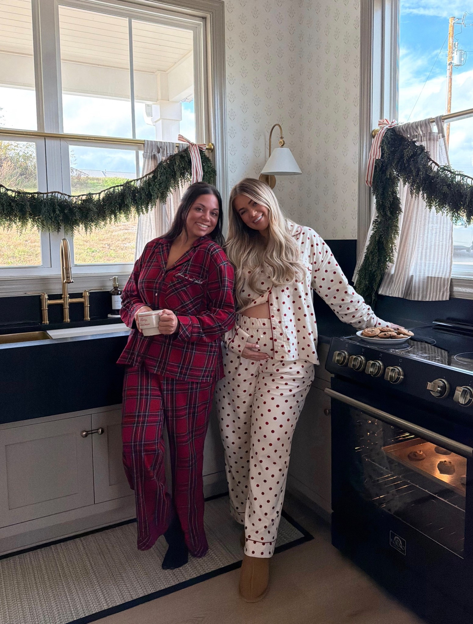 Christmas shoot outfits!✨ 
PJS — mine are sold out😭 but they have a ton of other patterns. I’m in a large top, XL bottoms. Bella is in both larges for a comfy fit. 
Knit set — size US12 in both top & bottom
Amazon sweater — XL 
Rag & Bone sweatpant jeans — sooo good for pregnancy but they are pretty high waisted FYI, super comfy. I’m in an XL 