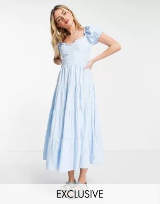 Stradivarius milkmaid poplin dress with puff sleeves in blue | ASOS (Global)