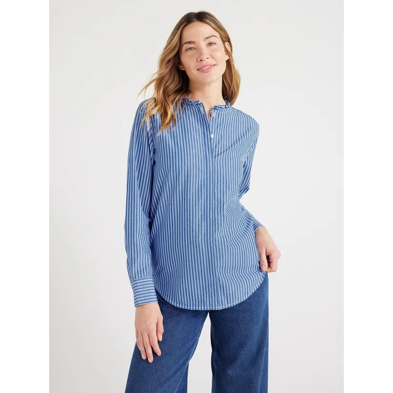 Free Assembly Women’s Ruffle Neck Shirt with Long Sleeves, Sizes XS-XXL | Walmart (US)