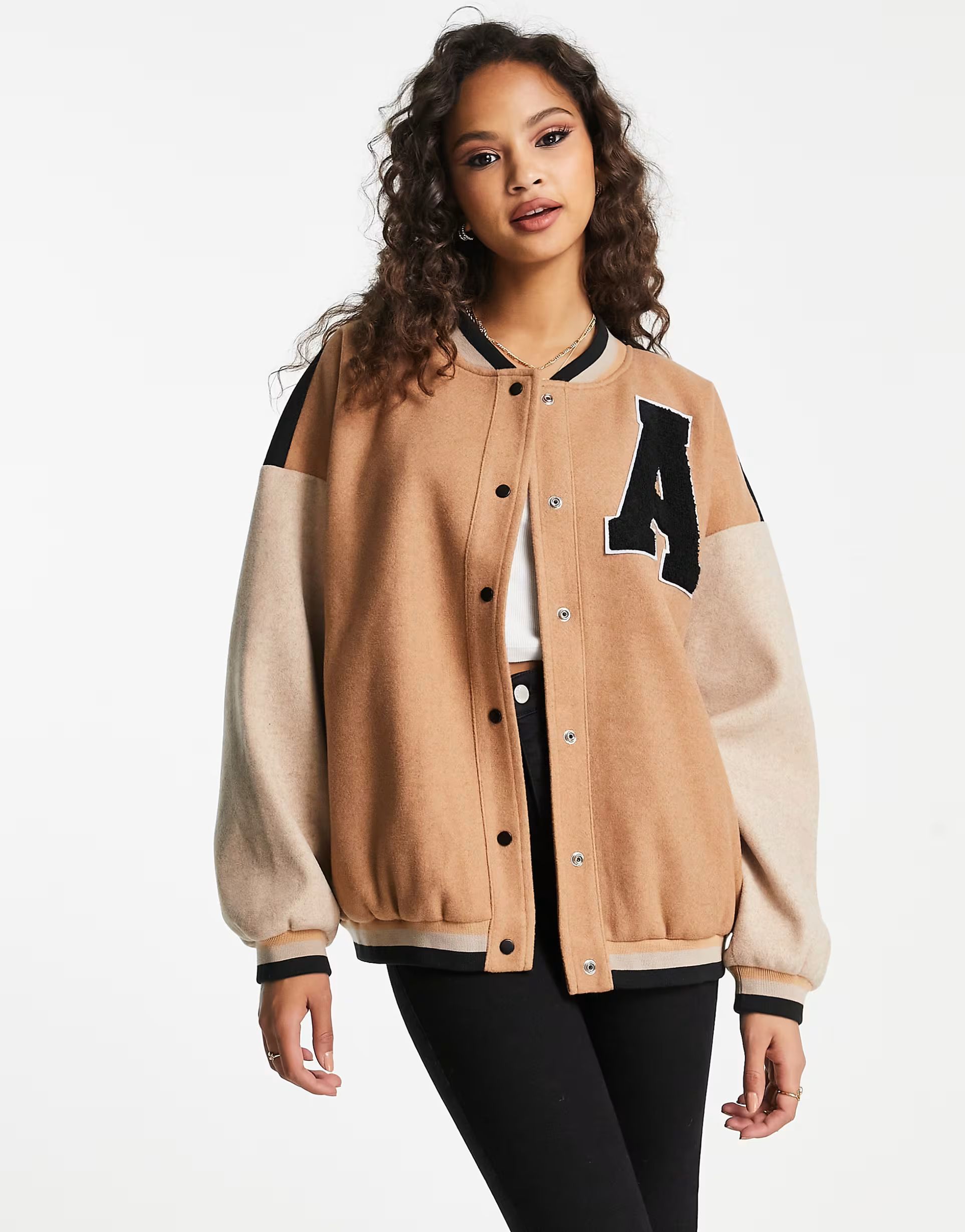 In The Style contrast oversized varsity bomber jacket in camel | ASOS (Global)