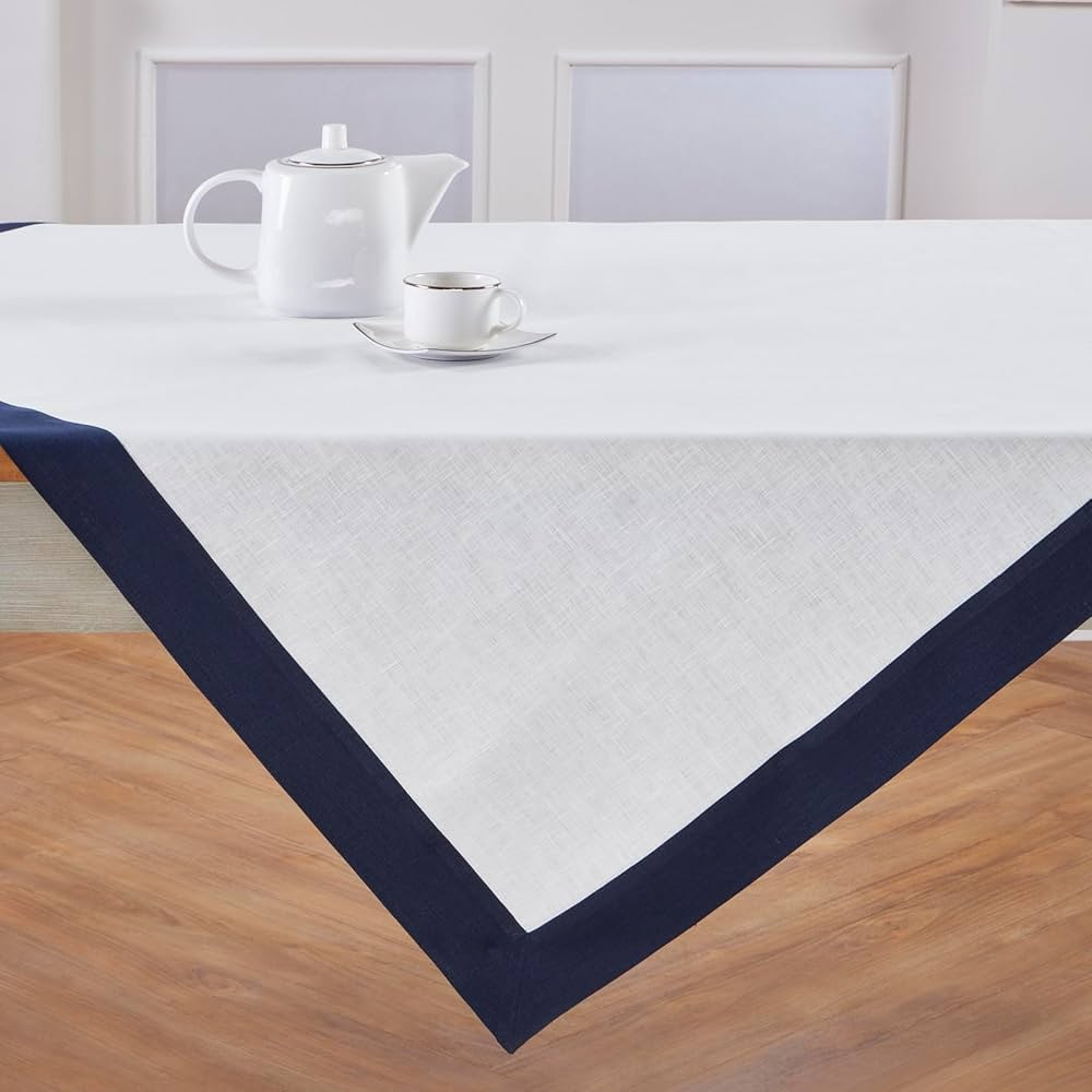 Solino Home Linen Square Tablecloth 52 x 52 Inch - 100% Pure Linen Navy and White Table Throw - C... | Amazon (US)