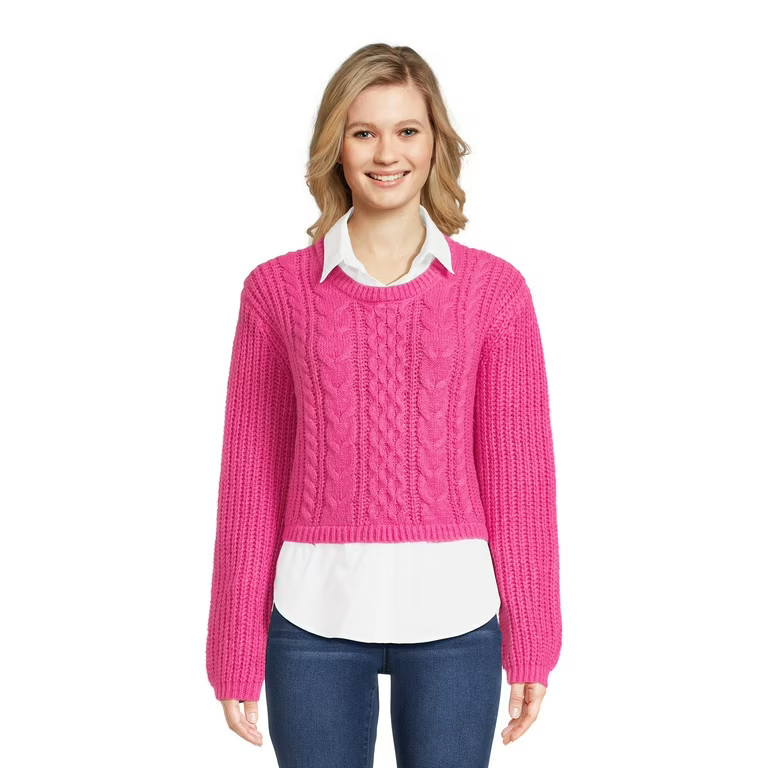 No Boundaries Juniors Cropped Cable Knit Sweater Twofer | Walmart (US)