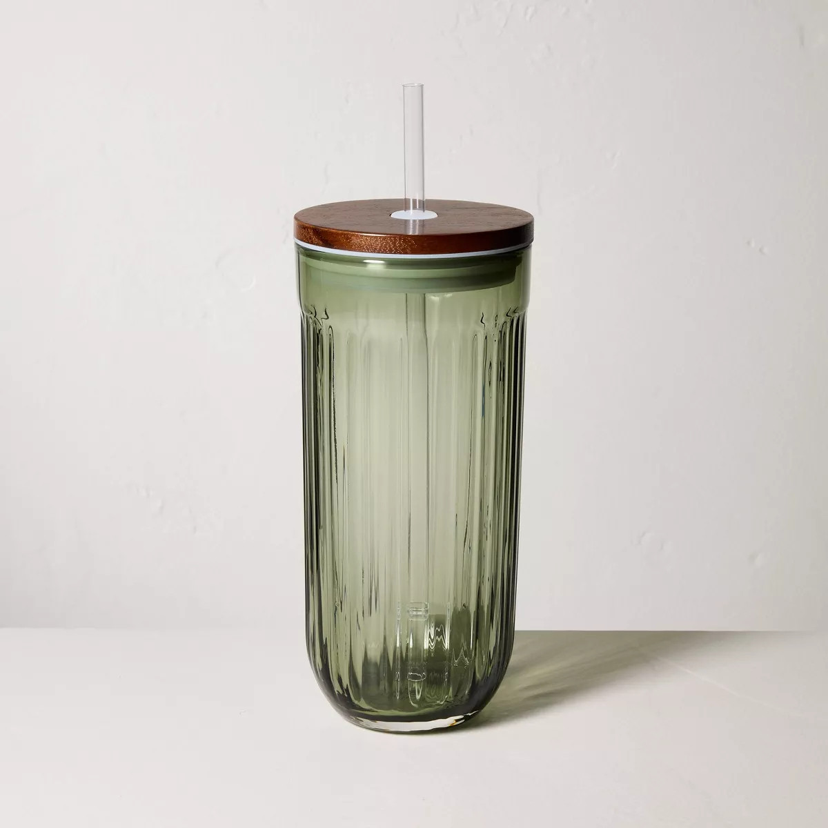 21oz Fluted Glass Tumbler with Wood Lid Green - Hearth & Hand™ with Magnolia | Target