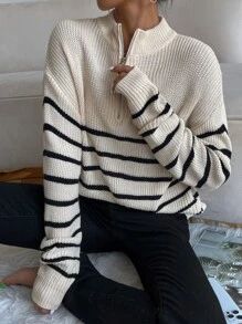 Striped Drop Shoulder Zipper Front Sweater
   SKU: sw2109038677530163      
          (227 Review... | SHEIN