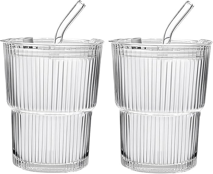 13oz/400ML Glass Tumbler with Straw and Lid Ribbed Vertical Ice Coffee Cups Sealed Carry on for C... | Amazon (US)