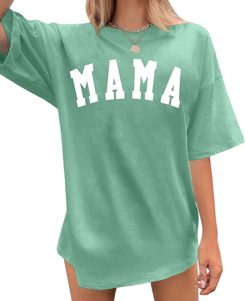 Women's Mama Shirt: Oversized Mama Shirts Trendy Mom T Shirt Loose Casual Summer Shirts Letter Pr... | Amazon (US)
