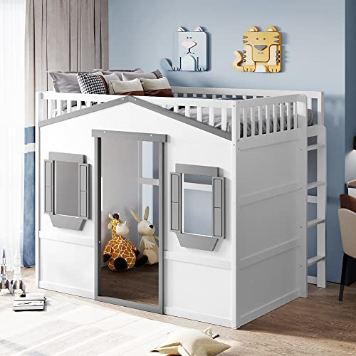 Merax Full Size Wood Loft Bed, House Bed Frame with Ladder and Safety Guardrails for Kids, No Box... | Amazon (US)
