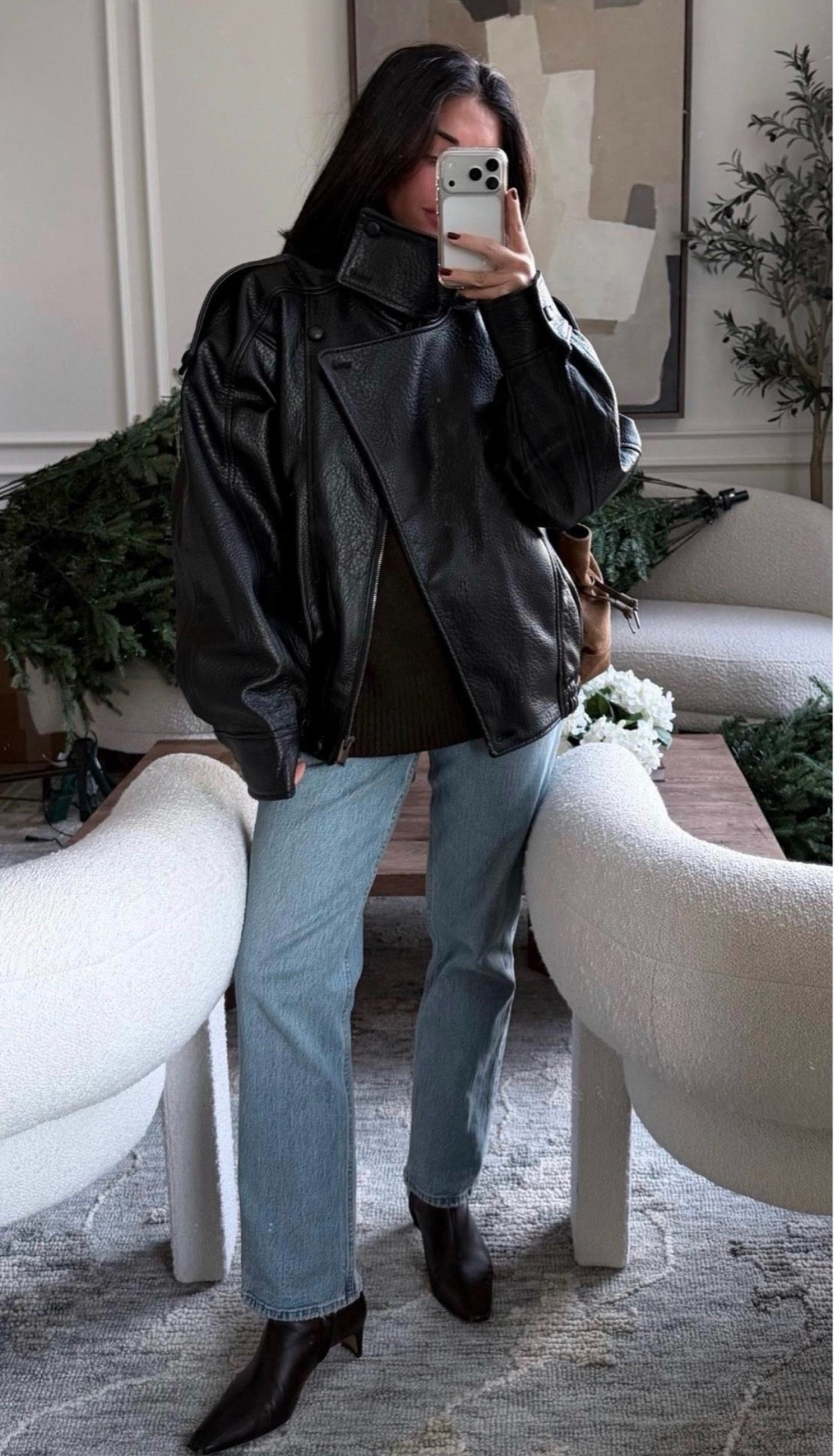My faux leather jacket is back in stock! It comes in black and brown. I’m wearing size XS