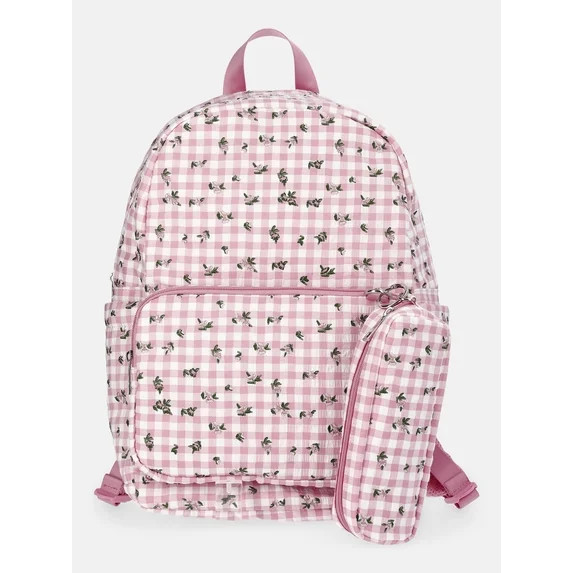 Weekend Academy Girl's Dome Backpack with Pouch, Pink Gingham with Floral Embroidery | Walmart (US)