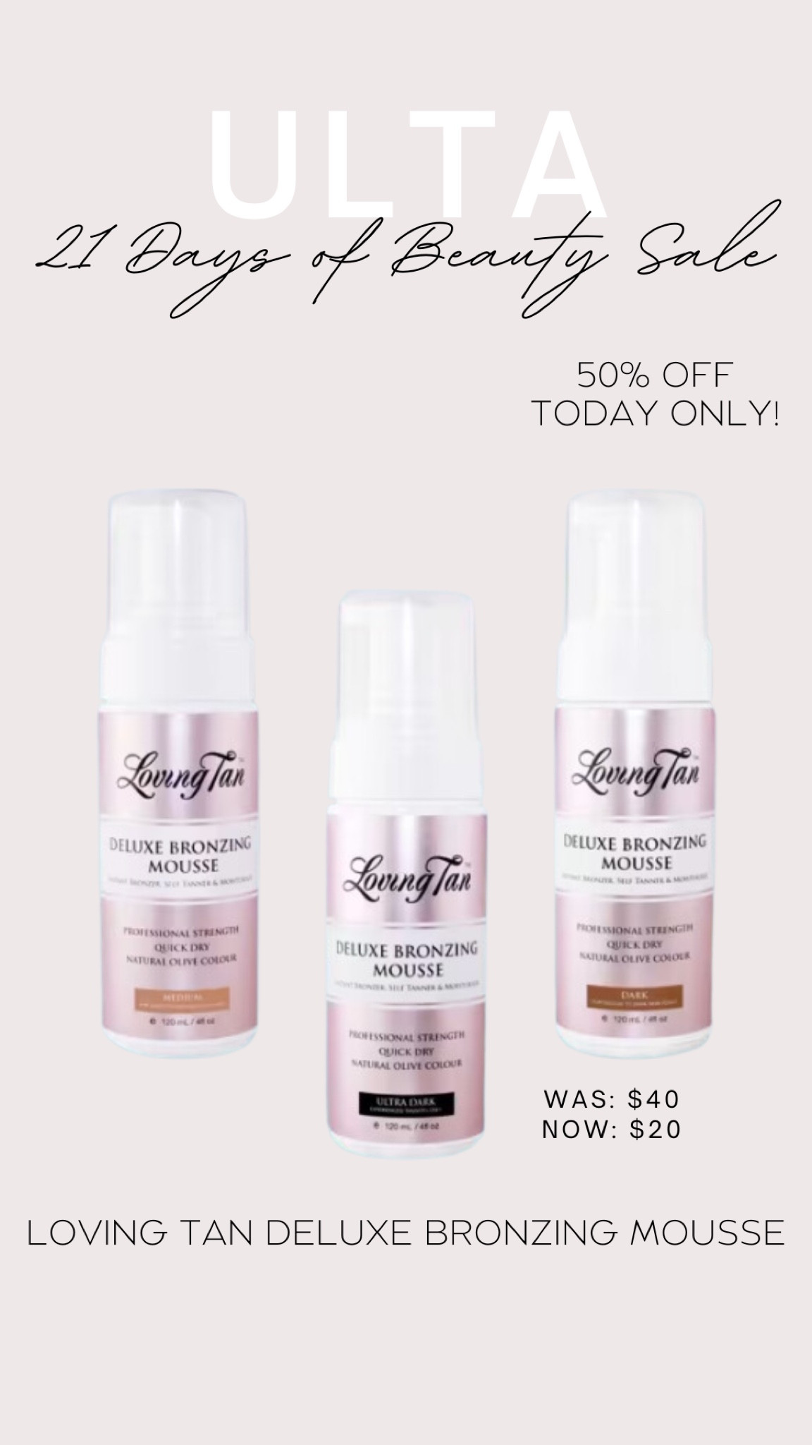 Loving tan is 50% off today at Ulta! I love this self tanner #ultabeauty #ultasale

#LTKBeauty #LTKSaleAlert #LTKFindsUnder50