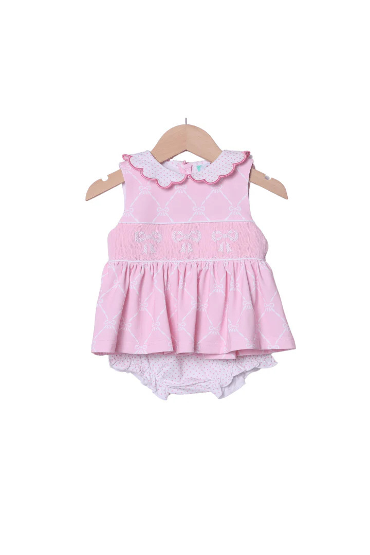 Smocked Bow Pink trellis Knit Bloomer Set | The Smocked Flamingo