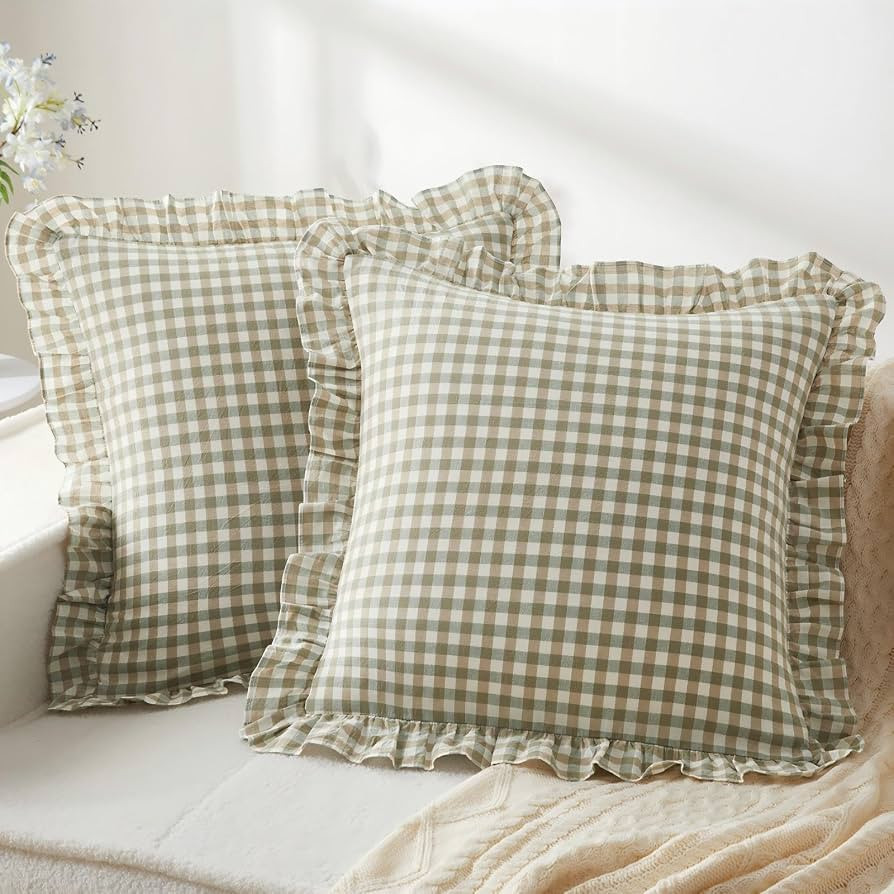 KKJIAF 2 Pcs Ruffle Gingham Pillow Covers 20" x 20", Sage Green Plaid | Amazon (US)