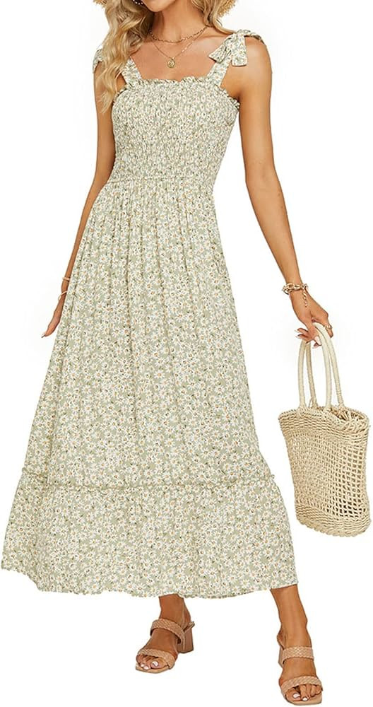 Tobrief Women's Boho Dress Summer Spaghetti Strap Square Neck Flowy Ruffle Beach Long Maxi Dress | Amazon (US)